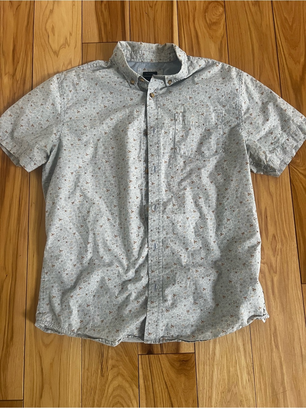 Prana Light Blue Short-Sleeve Button-Up with Tiny Brown Floral Print